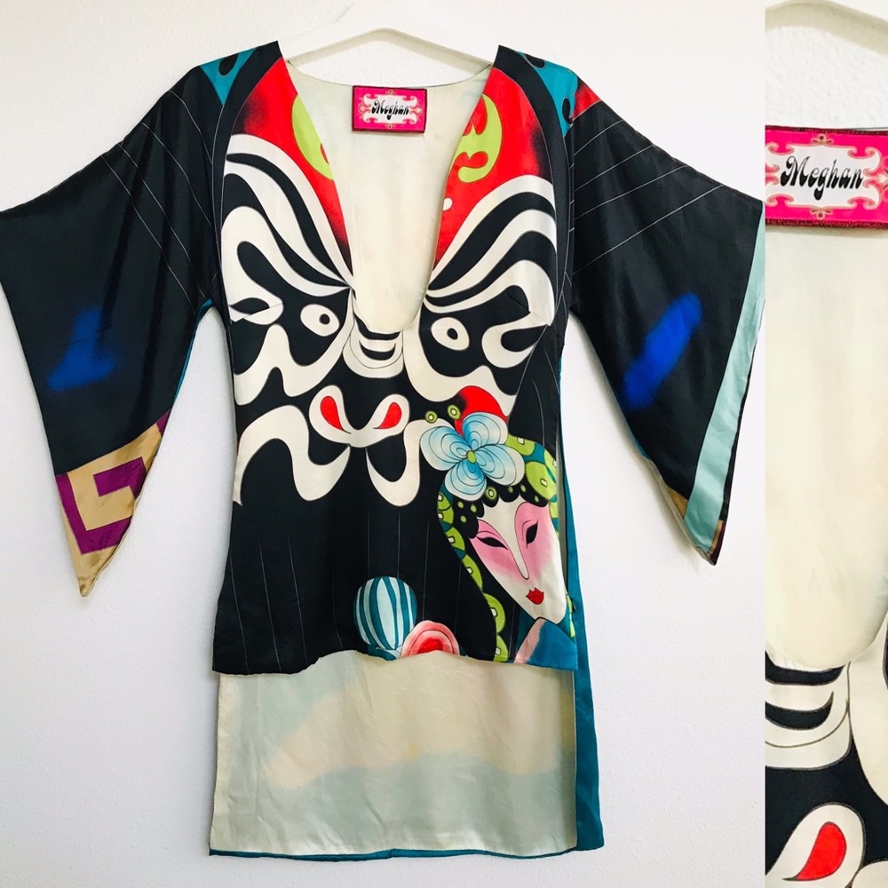 MEGHAN LA FABULOUS Rare KABUKI Kimono SILK Tunic WEARABLE ART - Imperfect AS-IS